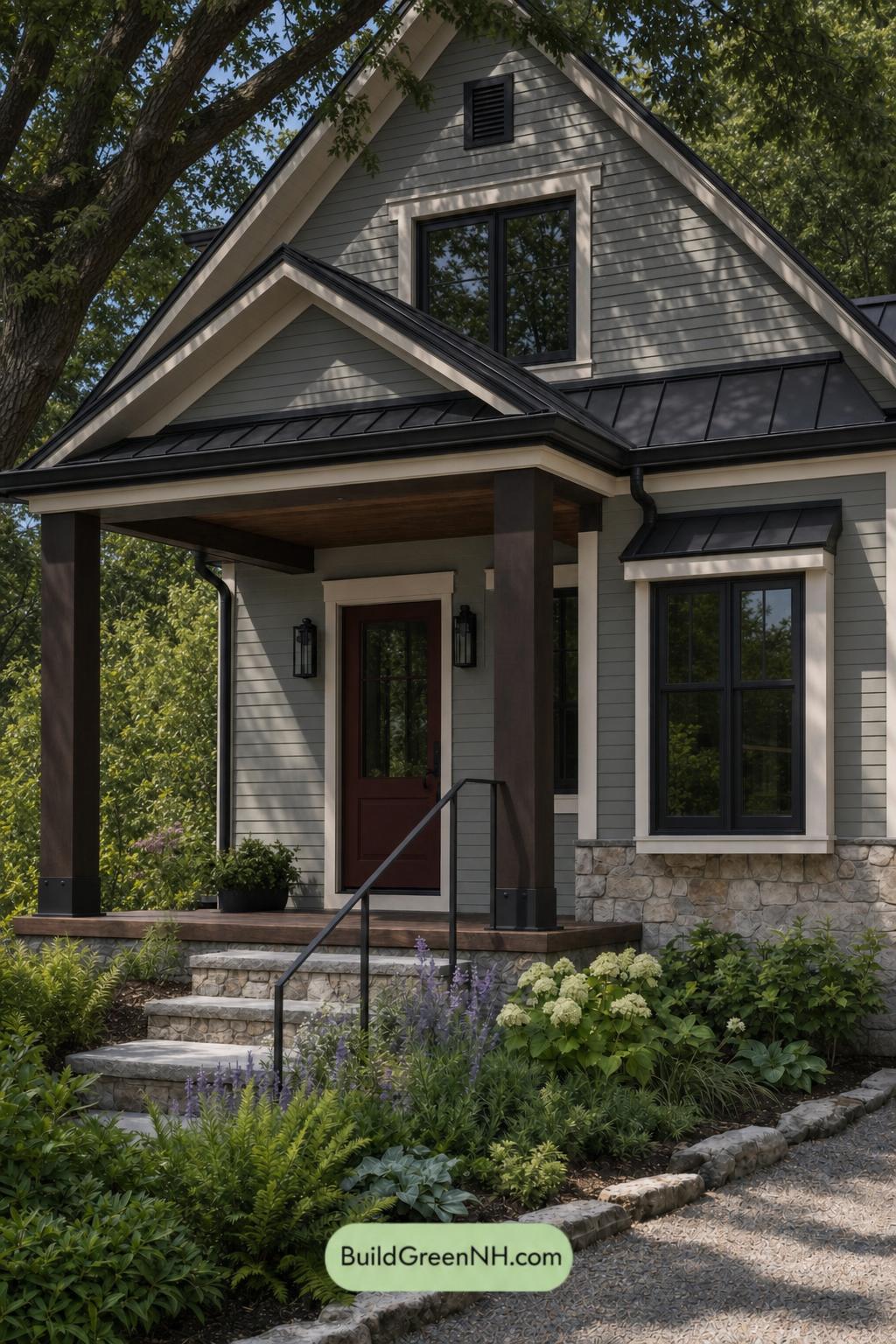 Green House Exterior with Black Roof Color Scheme: Willow Cinder - Shade