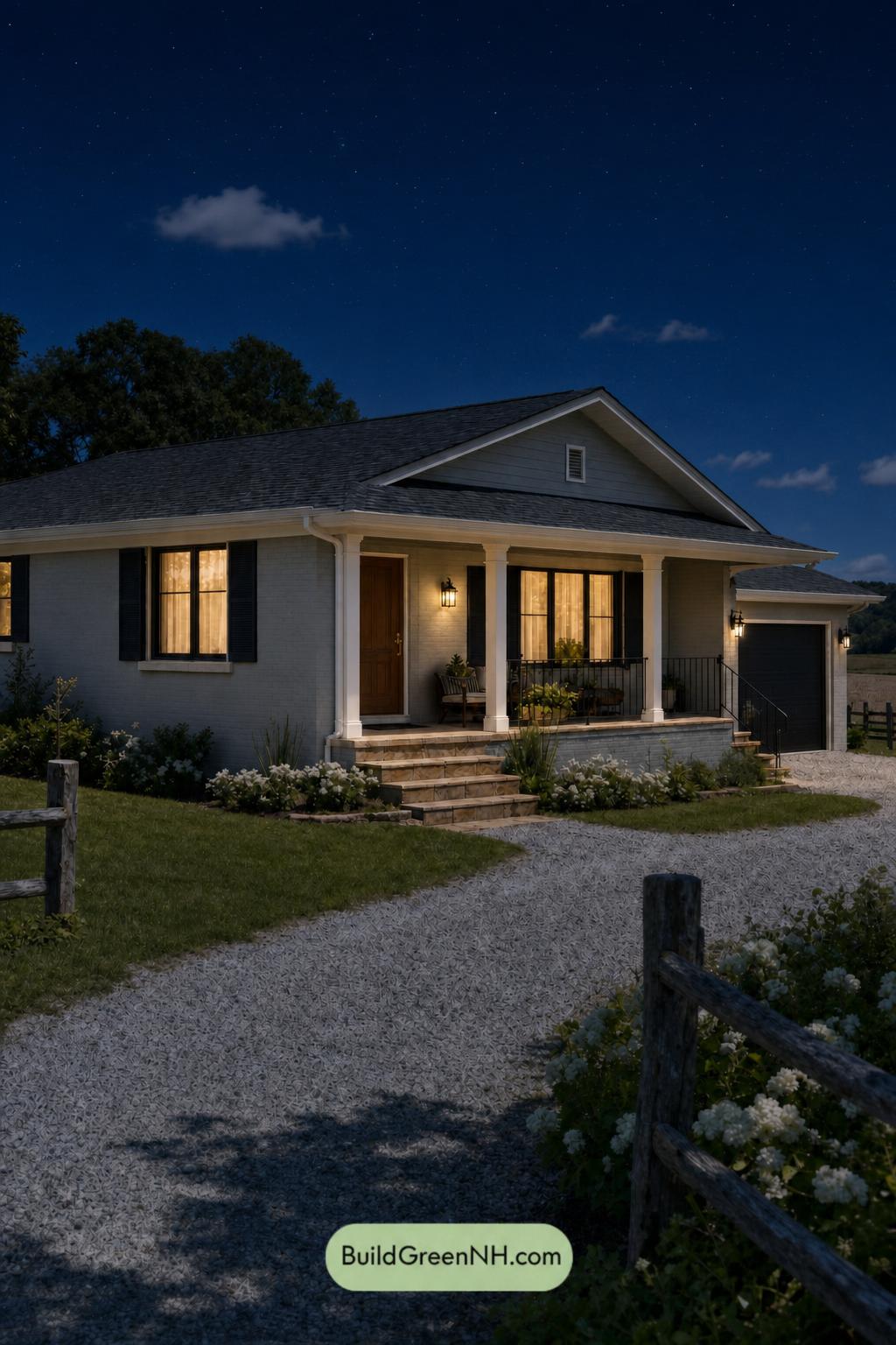 Green Ranch House Exterior Color Scheme: Cedar Quiet - Nighttime