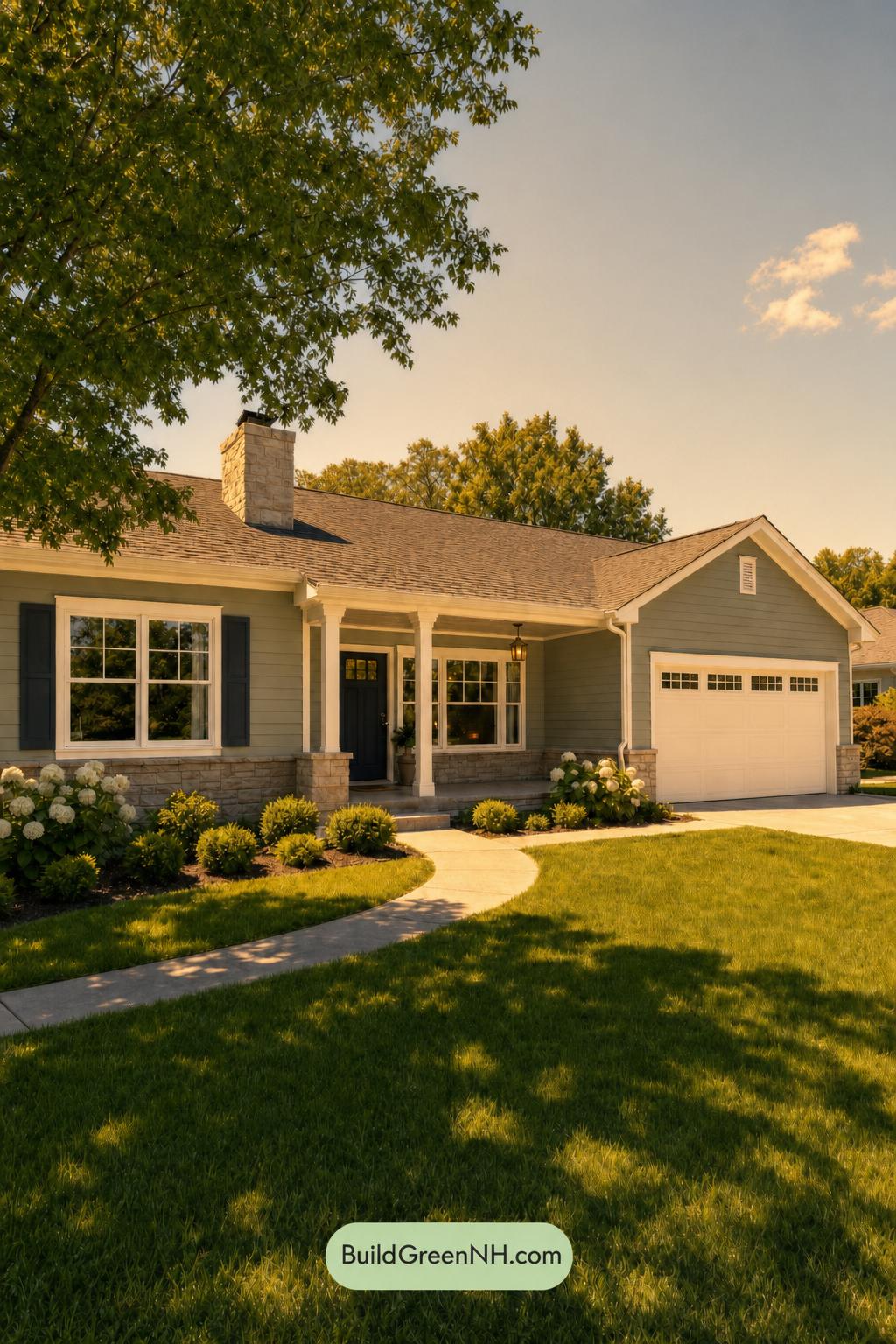 Green Ranch House Exterior Color Scheme: Celadon Poise - Golden Hour