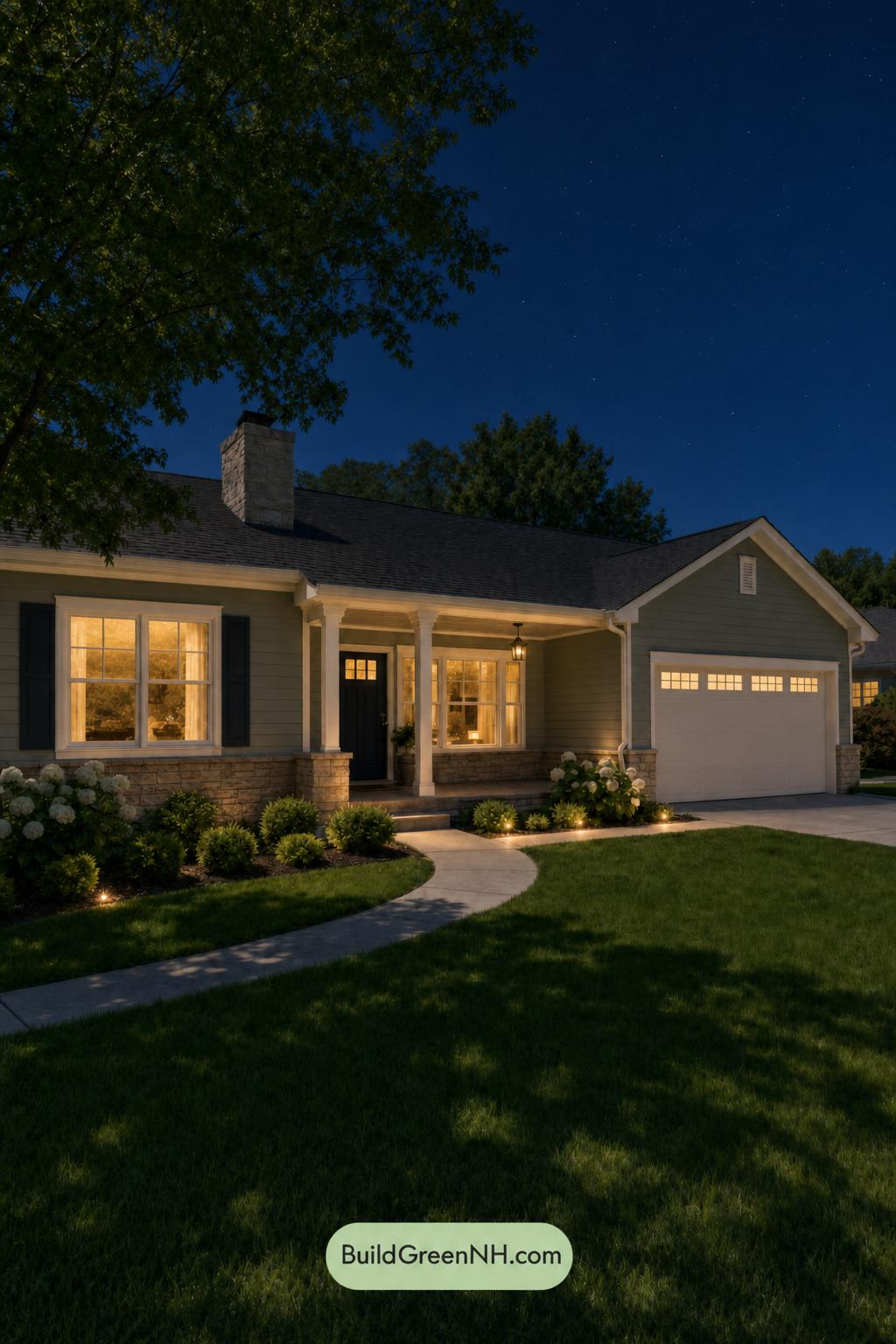Green Ranch House Exterior Color Scheme: Celadon Poise - Nighttime