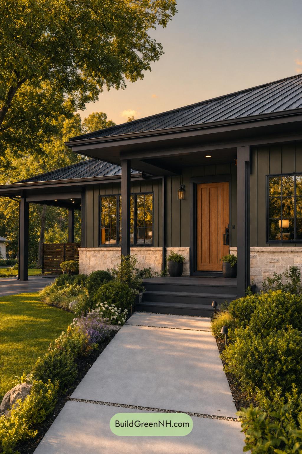 Green Ranch House Exterior Color Scheme: Forest Onyx - Golden Hour