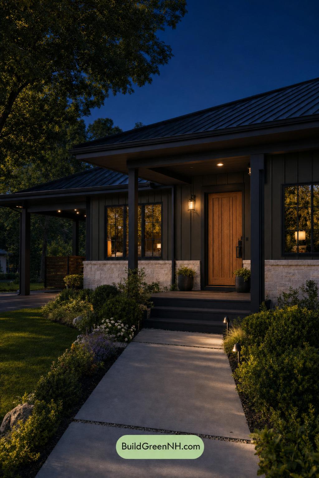 Green Ranch House Exterior Color Scheme: Forest Onyx - Nighttime