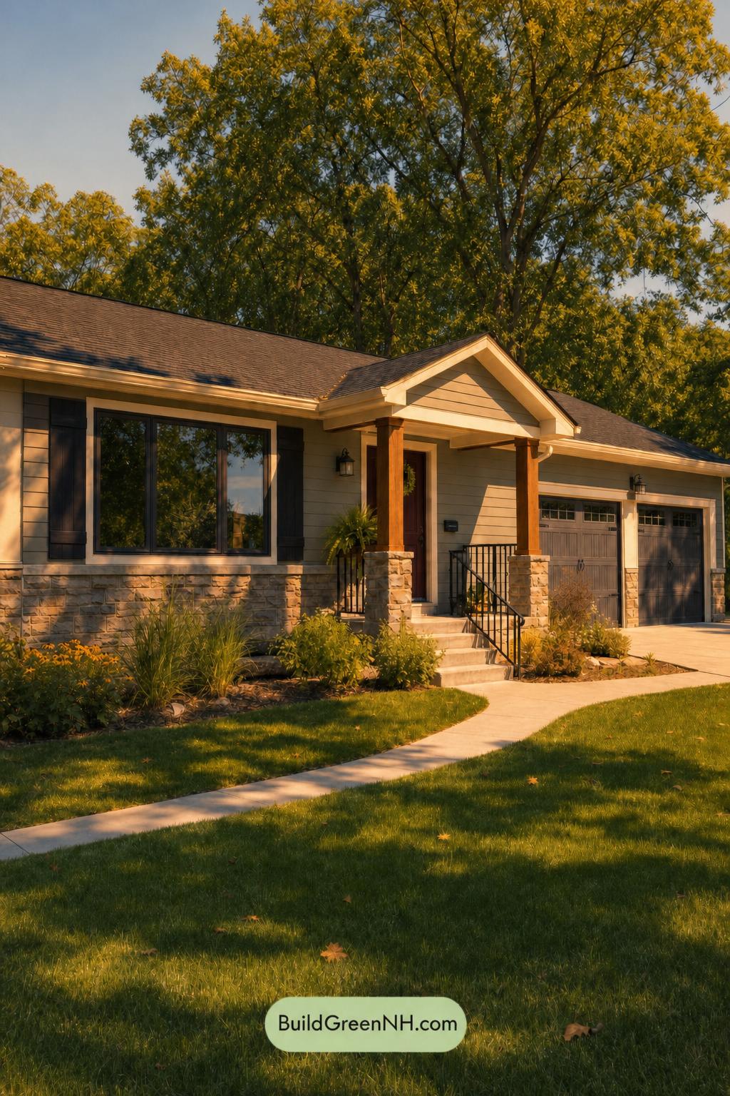 Green Ranch House Exterior Color Scheme: Iron Porch Glow - Golden Hour