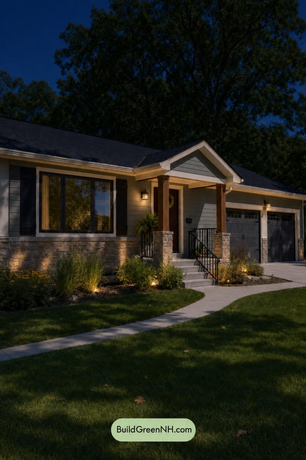 Green Ranch House Exterior Color Scheme: Iron Porch Glow - Nighttime