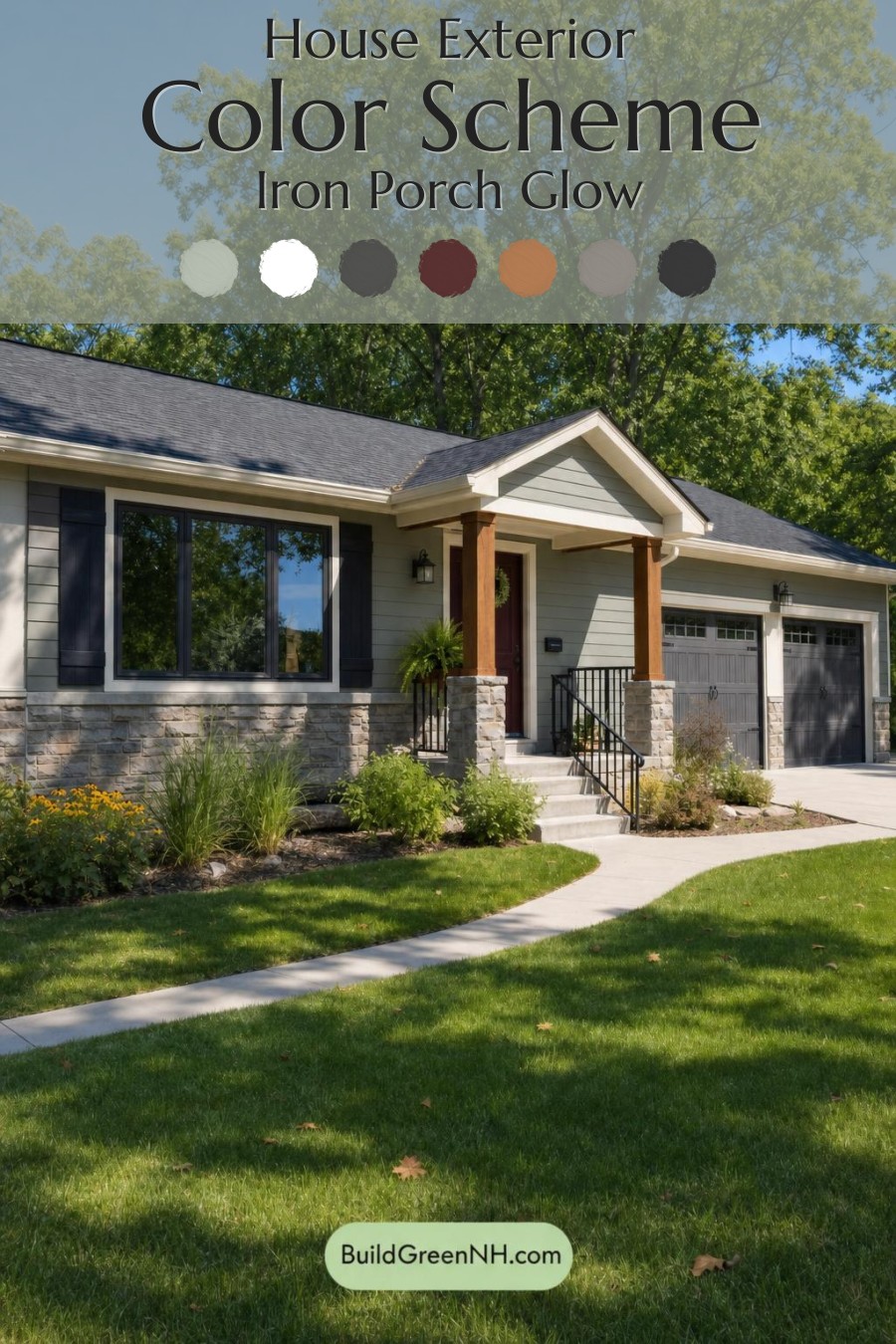 Green Ranch House Exterior Color Scheme: Iron Porch Glow