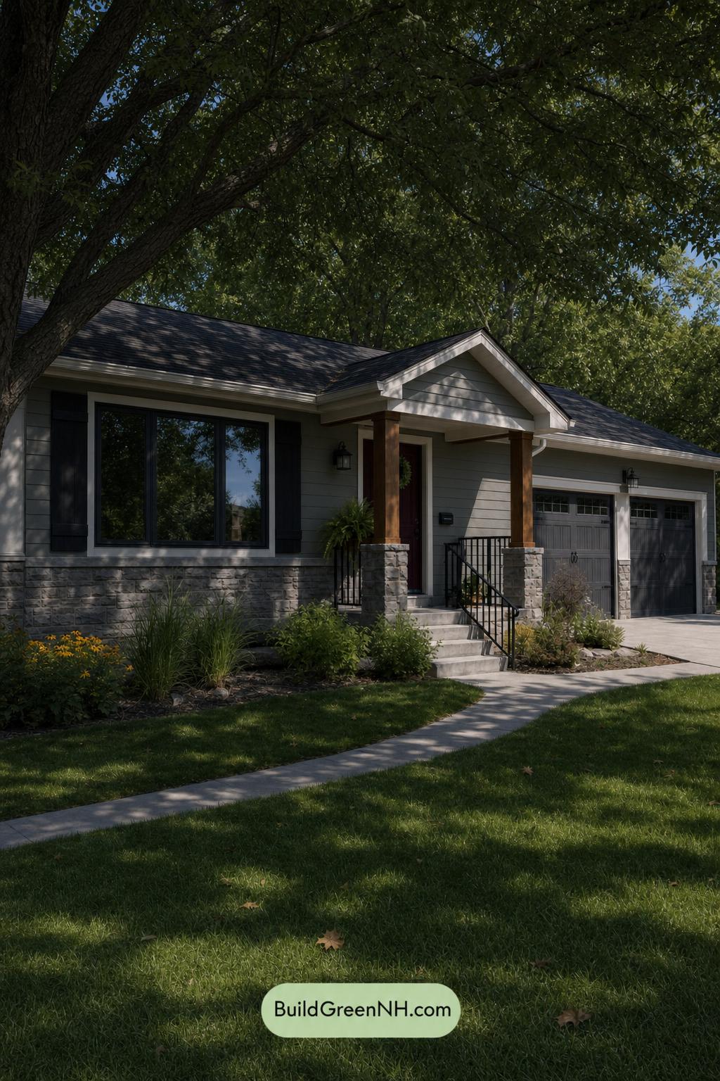 Green Ranch House Exterior Color Scheme: Iron Porch Glow - Shade