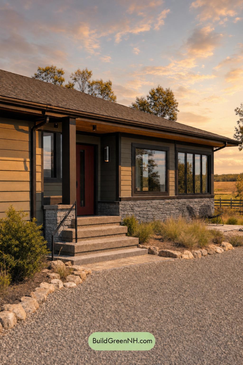 Green Ranch House Exterior Color Scheme: Juniper Slate - Golden Hour