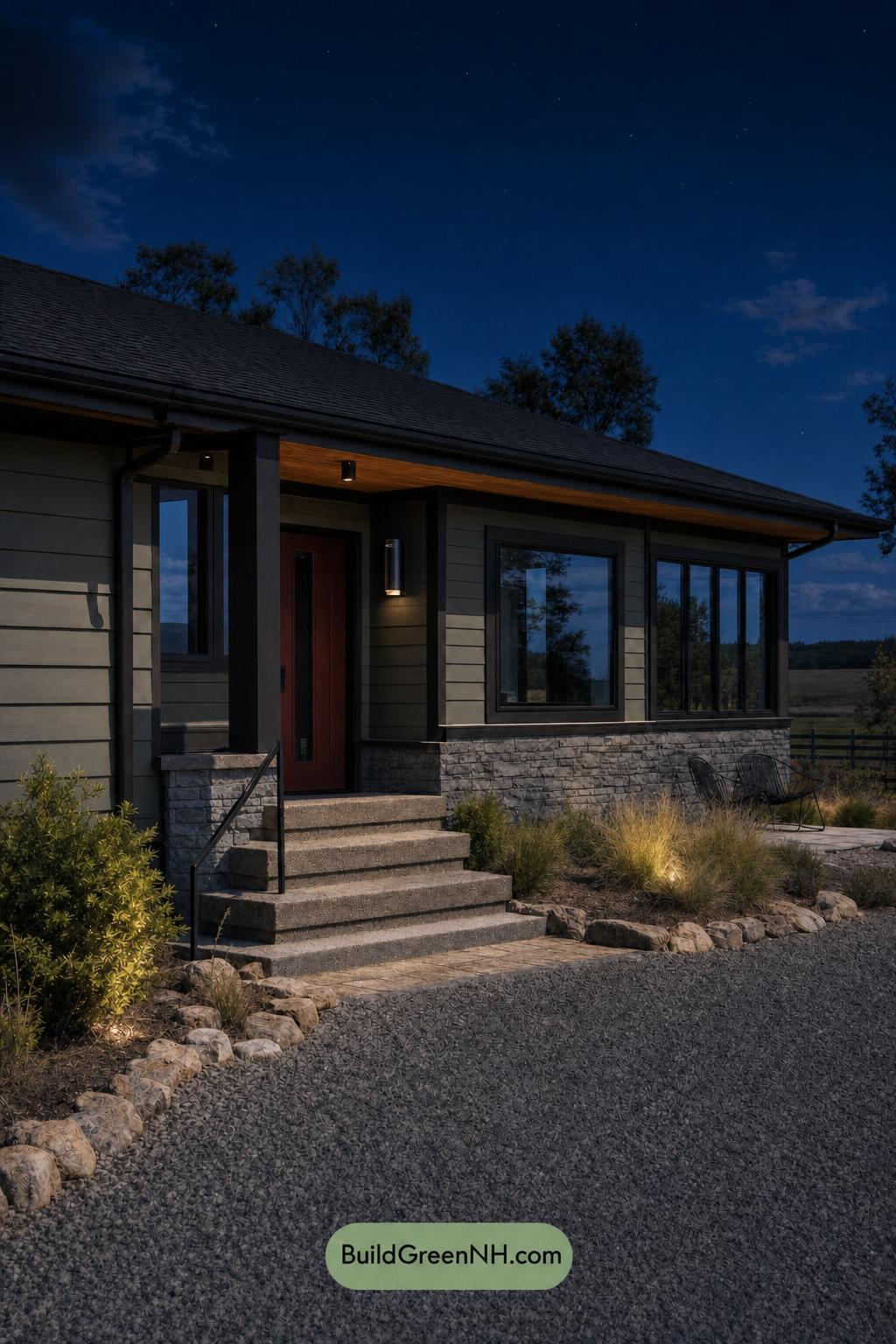 Green Ranch House Exterior Color Scheme: Juniper Slate - Nighttime