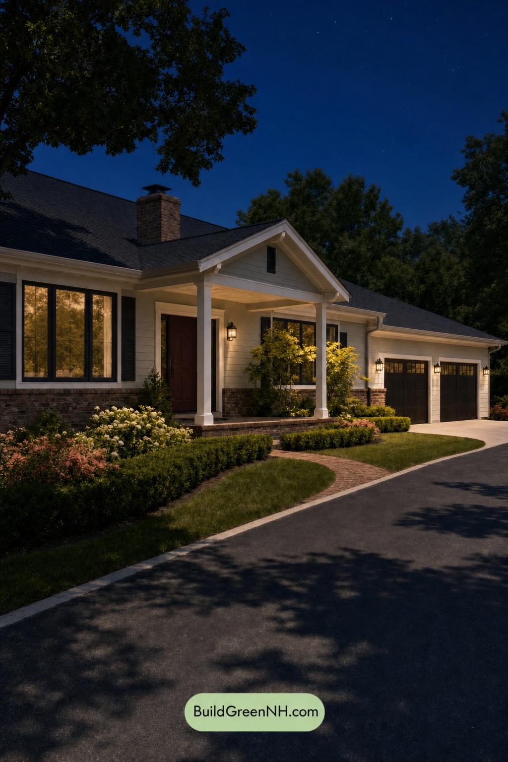 Green Ranch House Exterior Color Scheme: Lichen Hearth - Nighttime