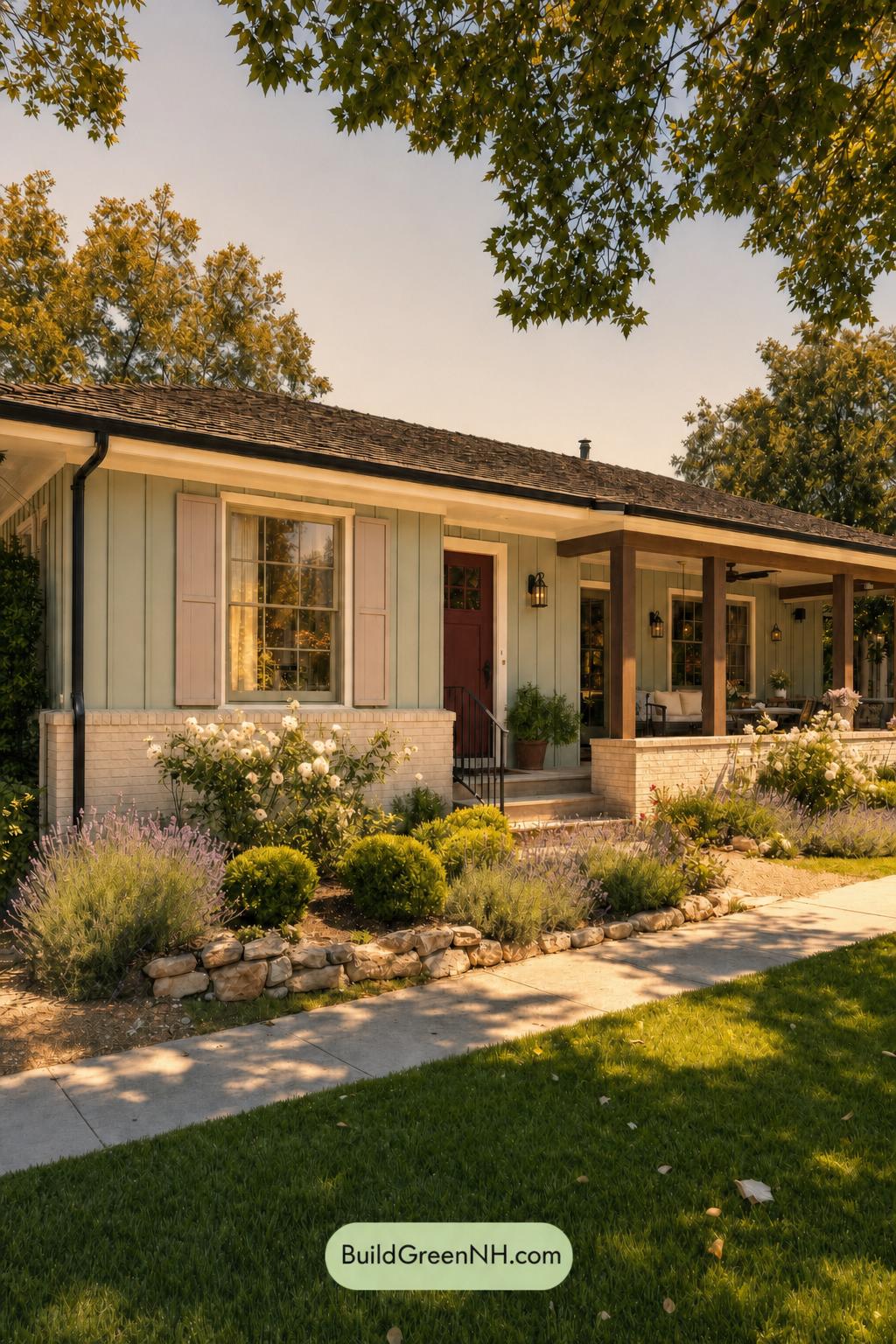 Green Ranch House Exterior Color Scheme: Mint Reverie - Golden Hour