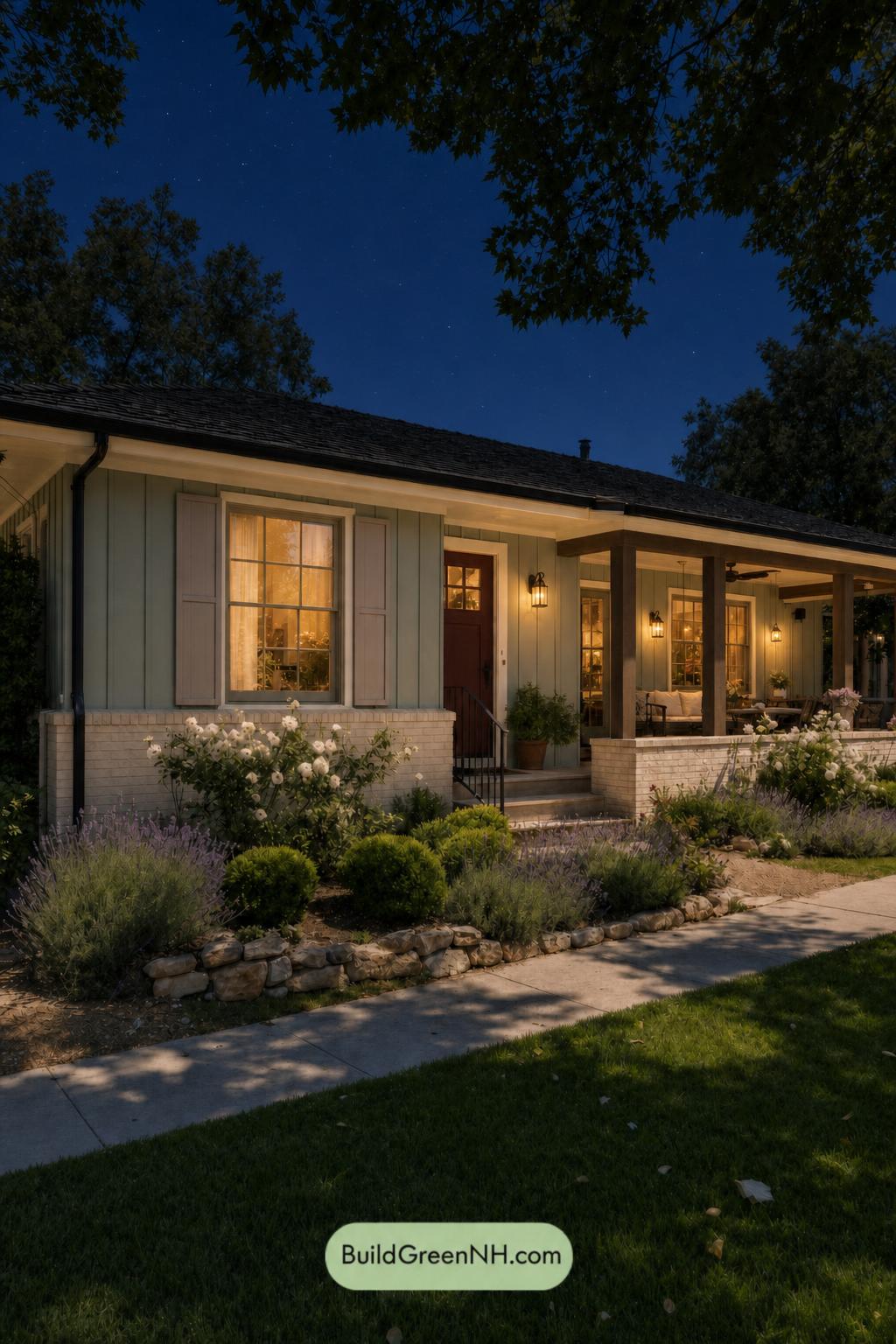Green Ranch House Exterior Color Scheme: Mint Reverie - Nighttime
