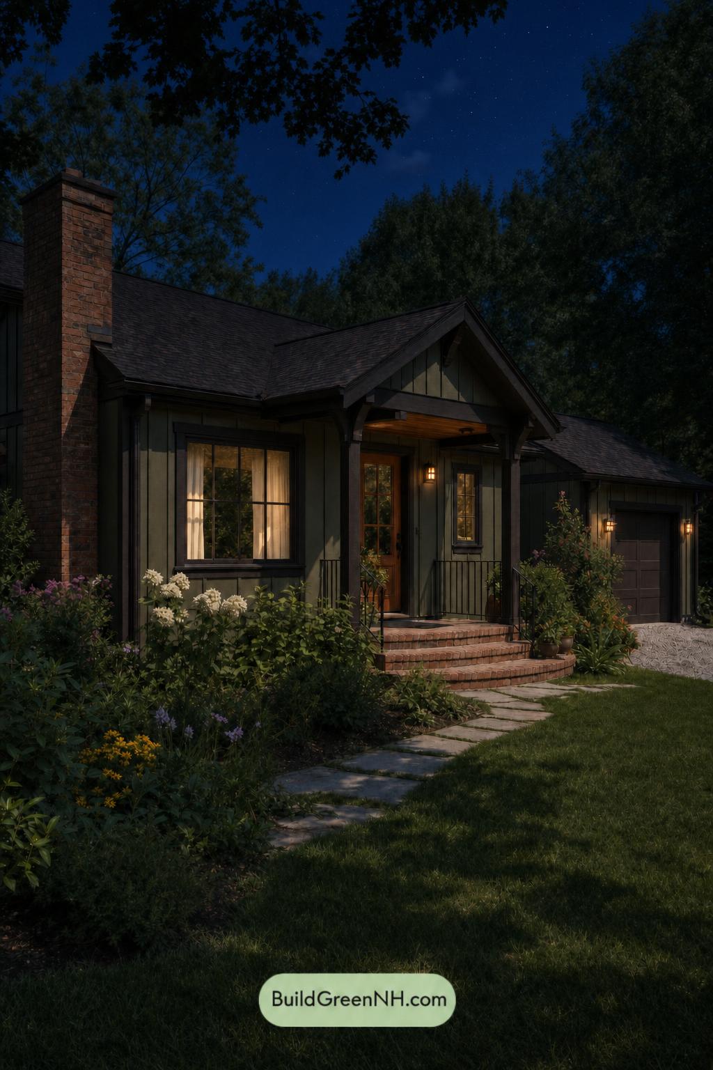 Green Ranch House Exterior Color Scheme: Moss Copper - Nighttime