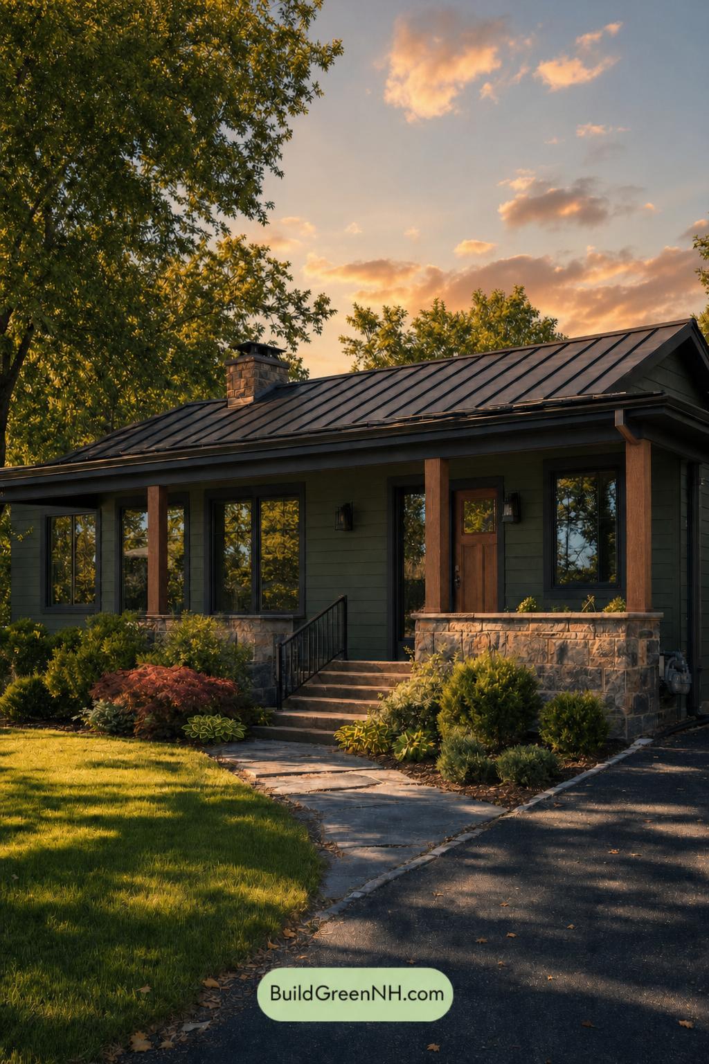 Green Ranch House Exterior Color Scheme: Pine Ember - Golden Hour