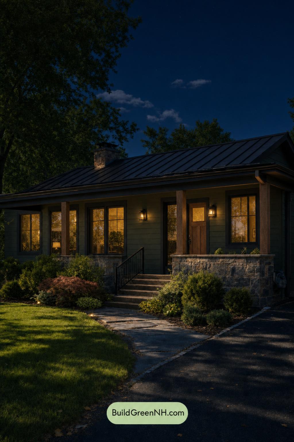 Green Ranch House Exterior Color Scheme: Pine Ember - Nighttime