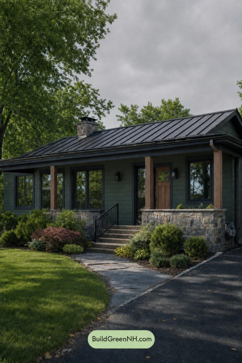 Green Ranch House Exterior Color Scheme: Pine Ember - Overcast