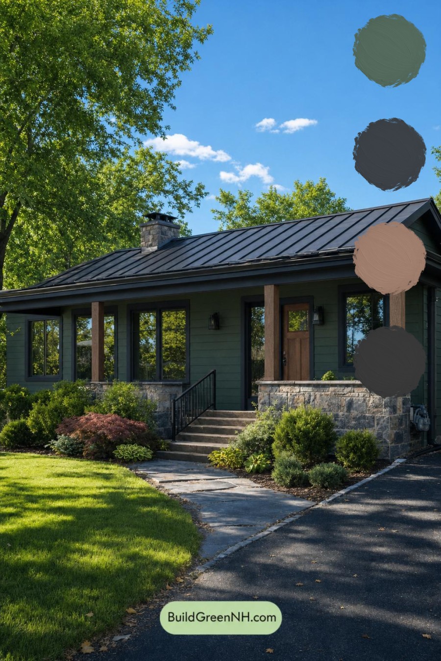 Green Ranch House Exterior Color Scheme: Pine Ember