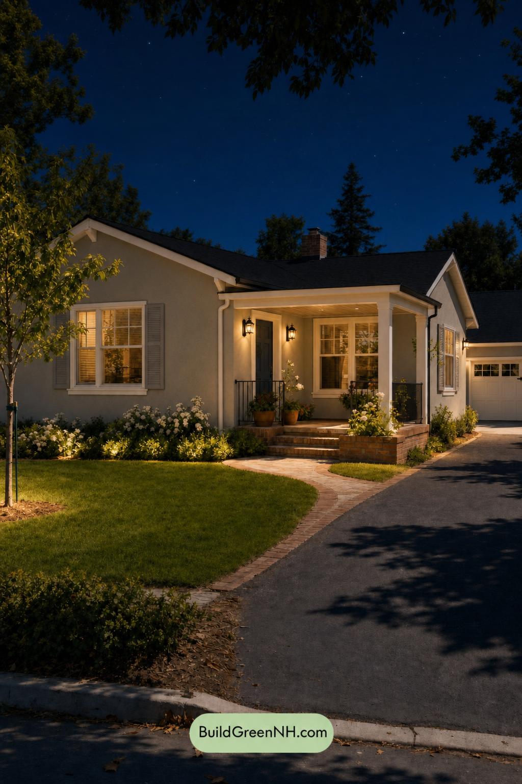 Green Ranch House Exterior Color Scheme: Pistachio Hush - Nighttime