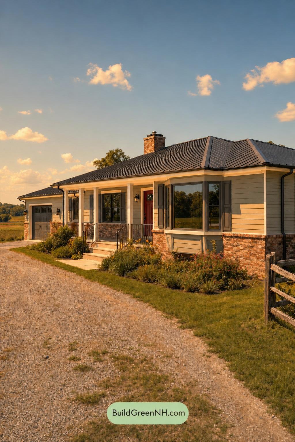 Green Ranch House Exterior Color Scheme: Raven Entry - Golden Hour