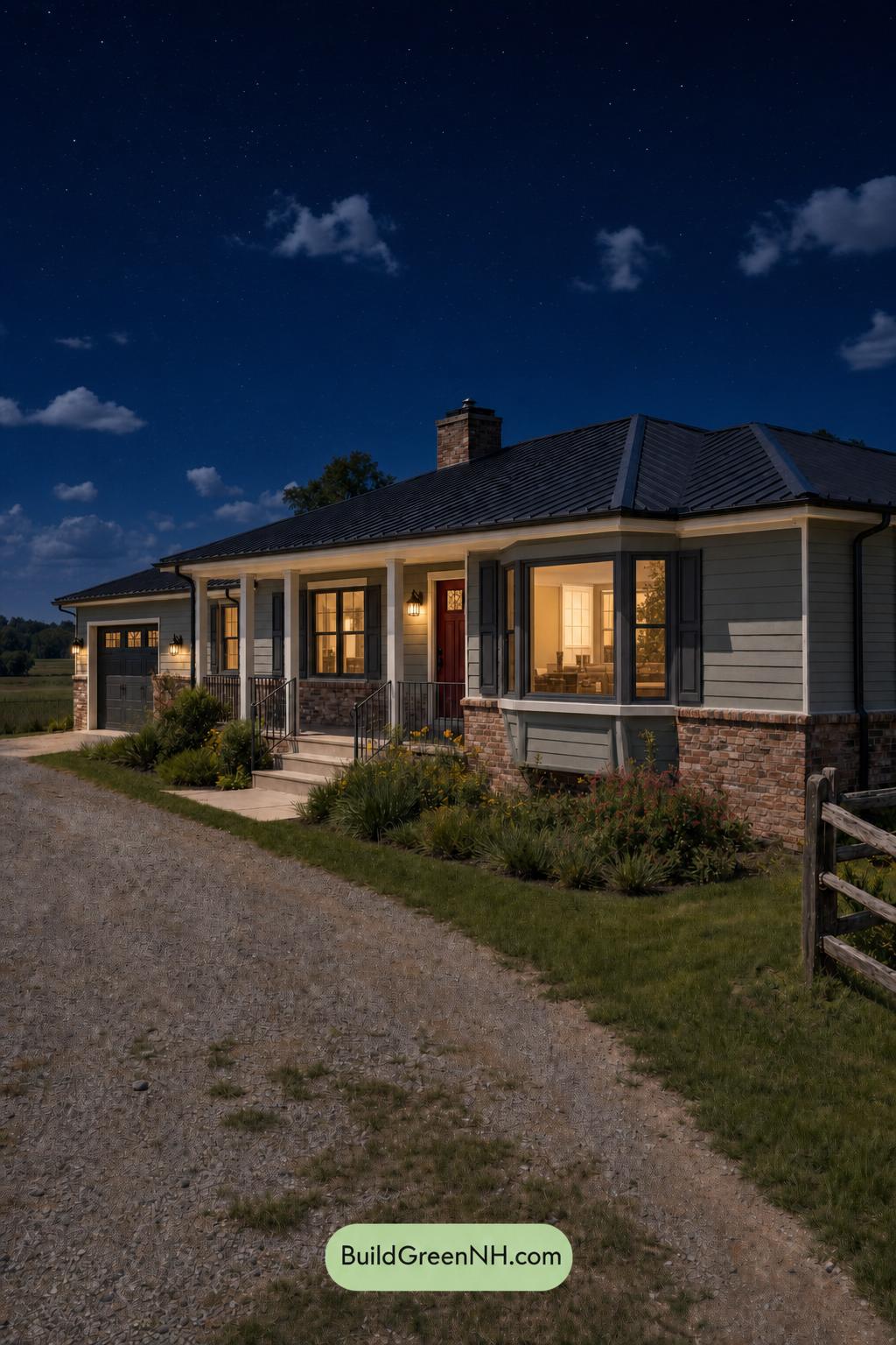 Green Ranch House Exterior Color Scheme: Raven Entry - Nighttime