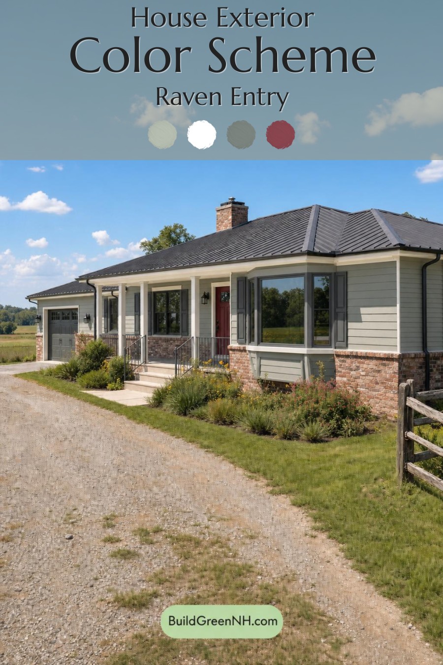 Green Ranch House Exterior Color Scheme: Raven Entry