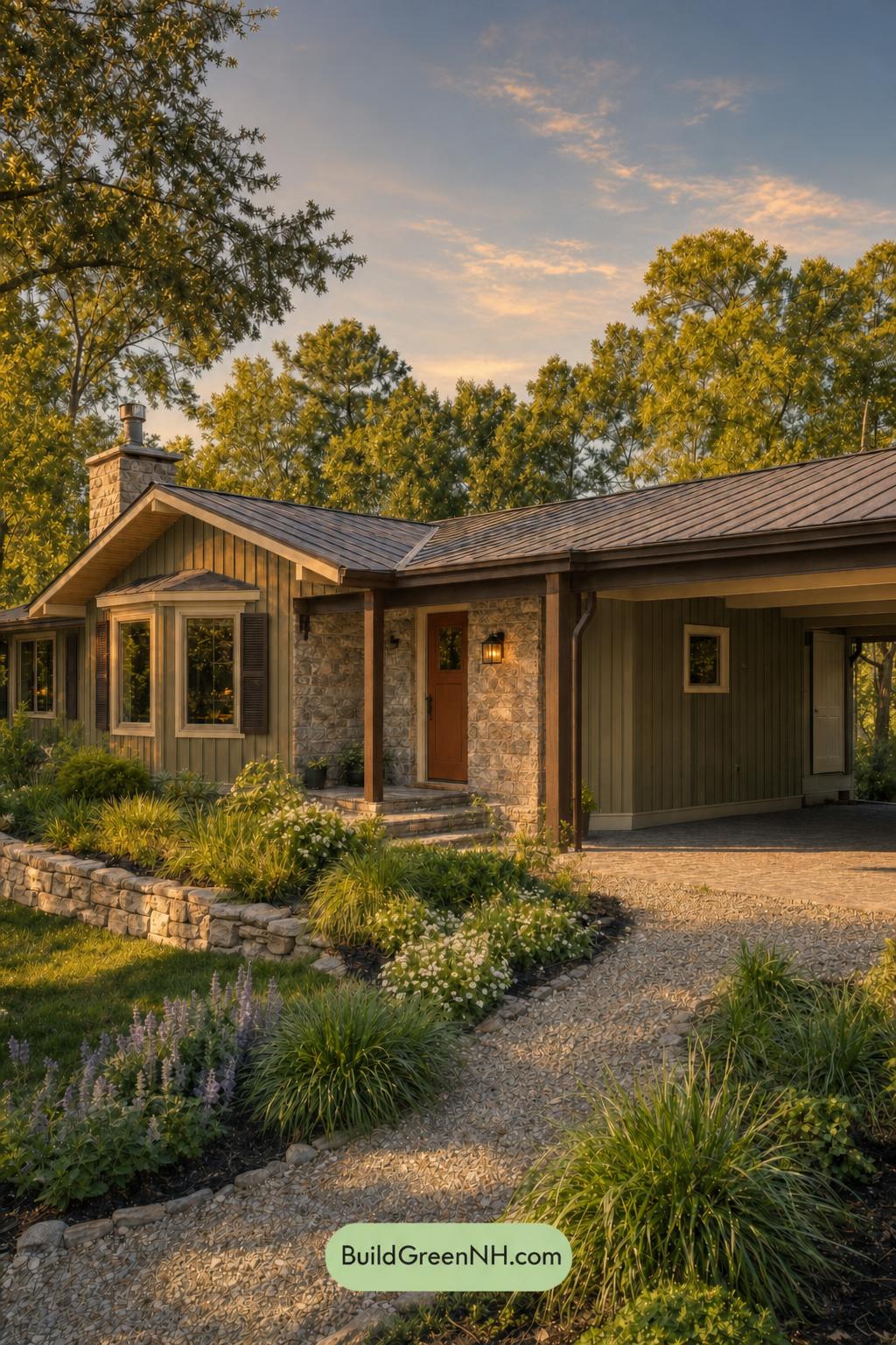 Green Ranch House Exterior Color Scheme: Stillwater House - Golden Hour