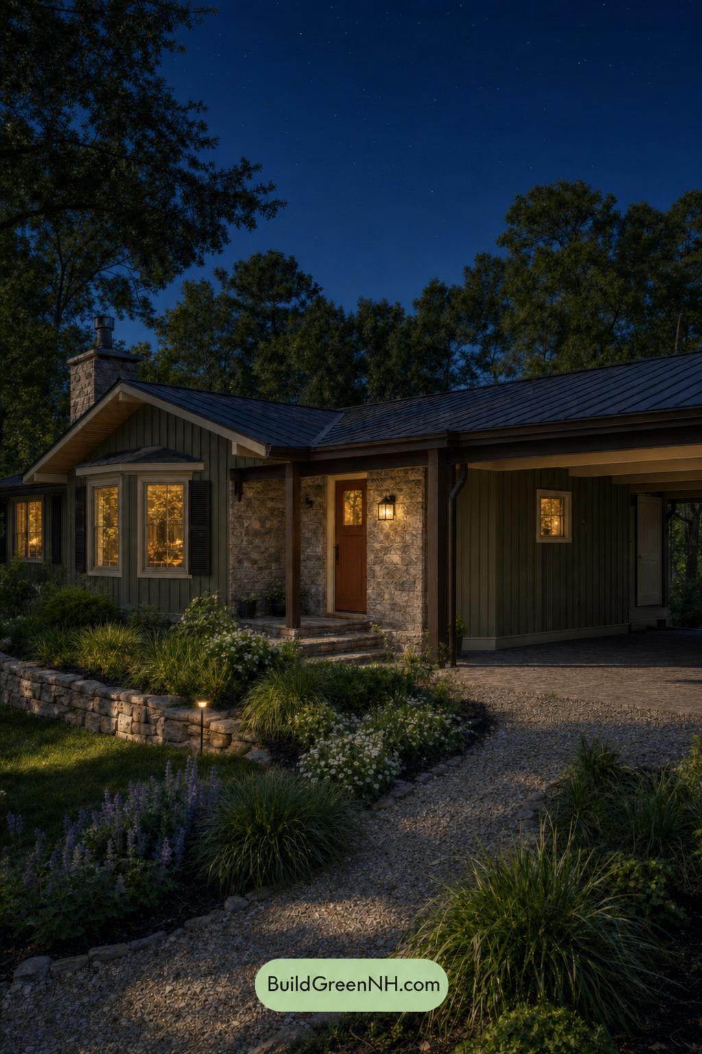 Green Ranch House Exterior Color Scheme: Stillwater House - Nighttime
