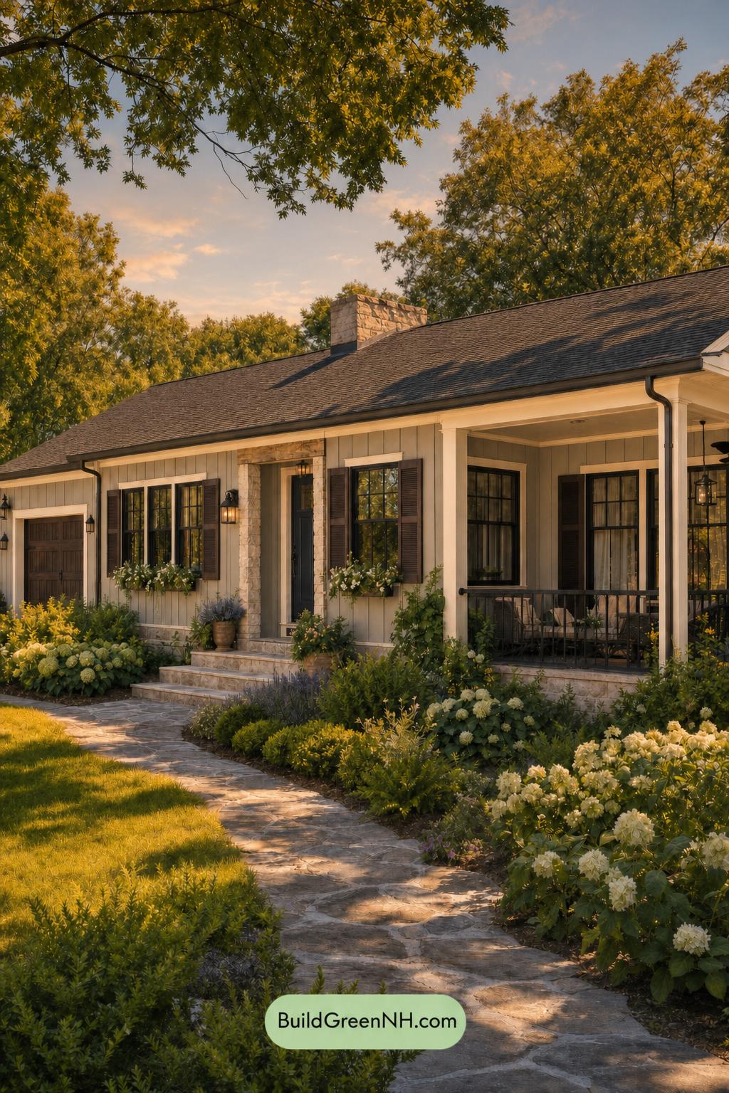 Green Ranch House Exterior Color Scheme: Velvet Gable - Golden Hour