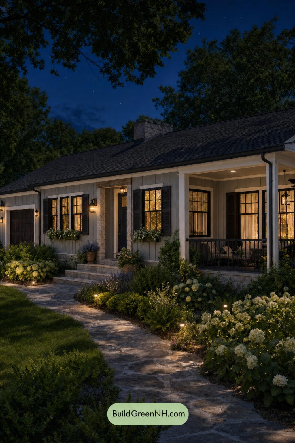 Green Ranch House Exterior Color Scheme: Velvet Gable - Nighttime