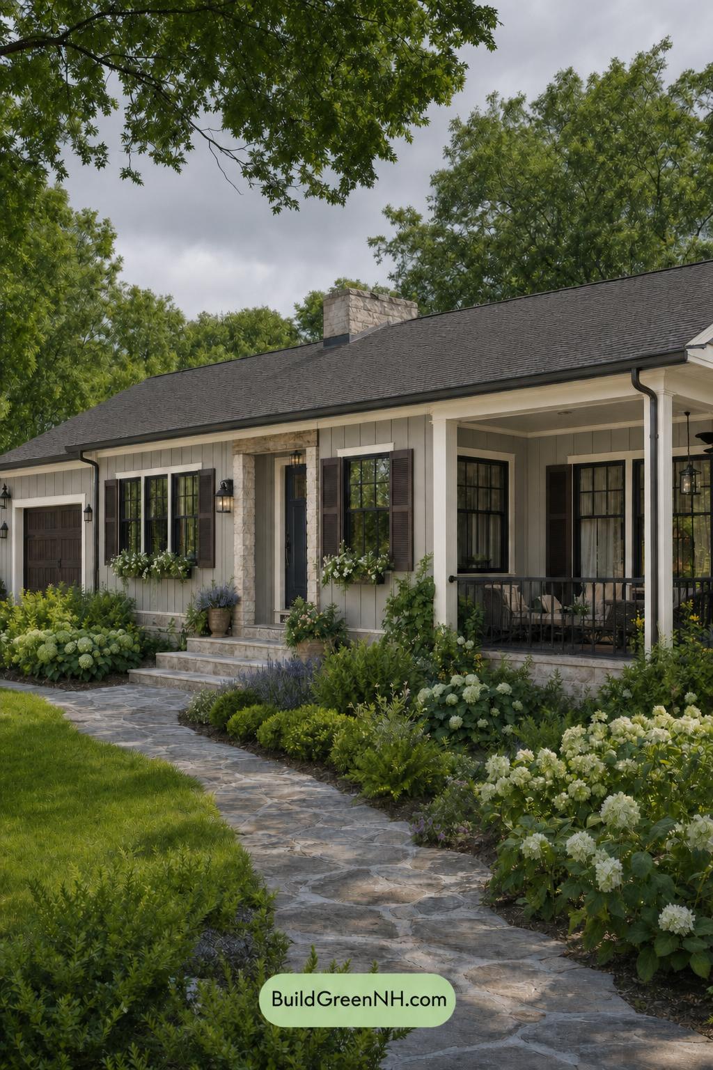 Green Ranch House Exterior Color Scheme: Velvet Gable - Overcast