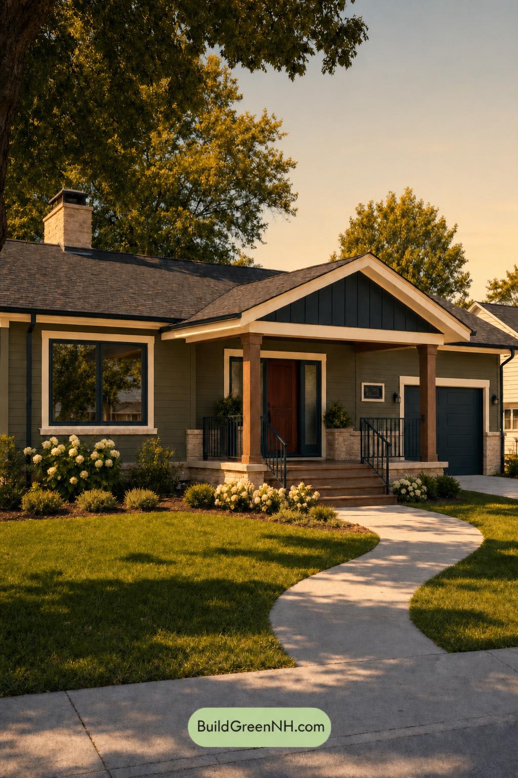 Green Ranch House Exterior Color Scheme: Verdant Ledger - Golden Hour