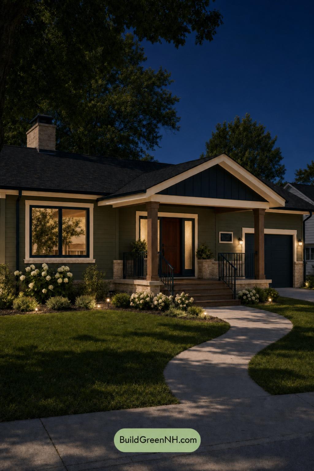 Green Ranch House Exterior Color Scheme: Verdant Ledger - Nighttime