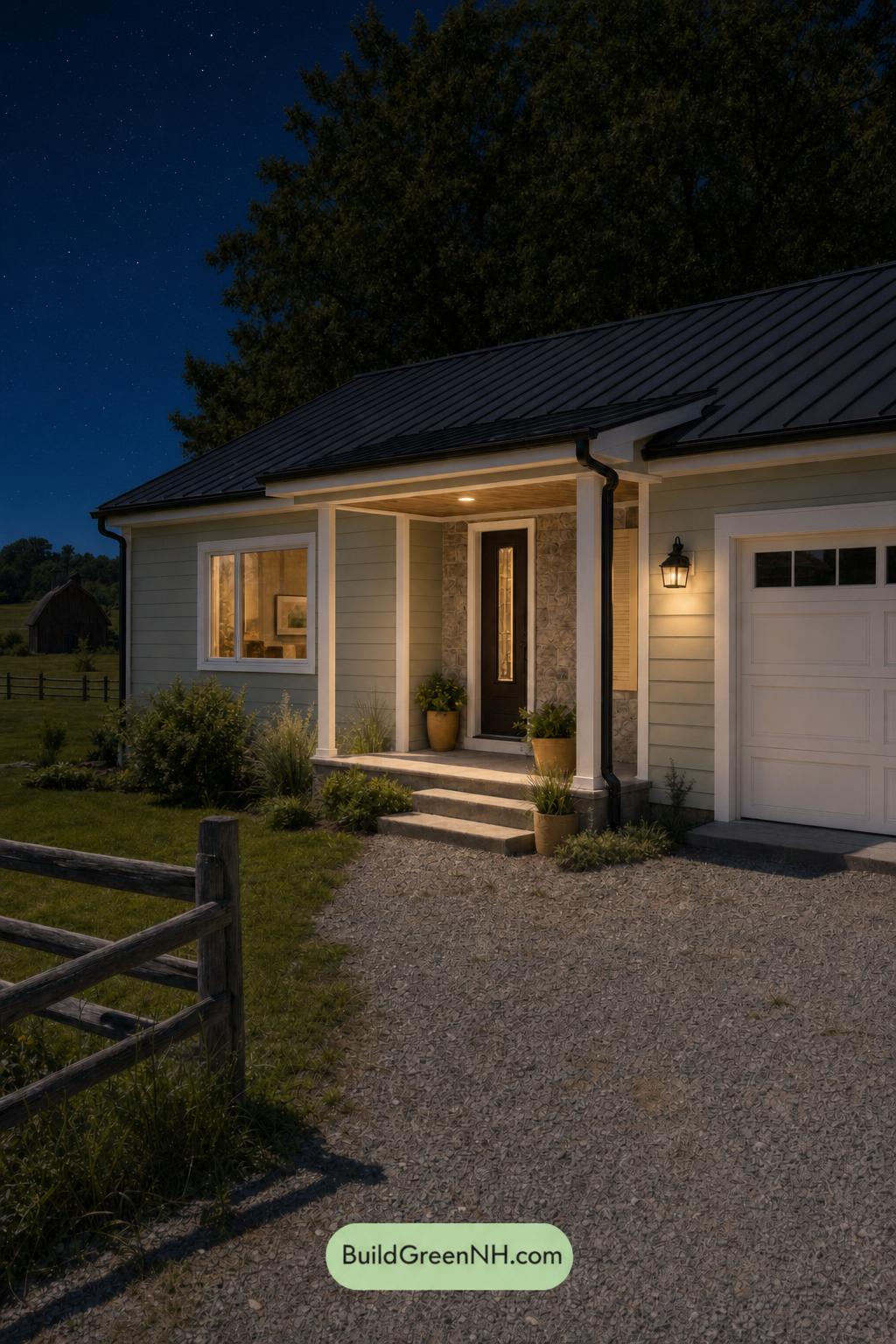 Green Ranch House Exterior Color Scheme: Willow Measure - Nighttime