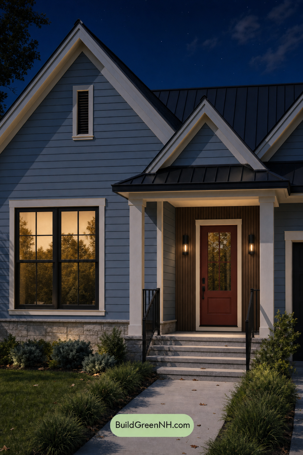House with Black Roof Exterior Color Scheme: Azure Umber Cadence - Nighttime