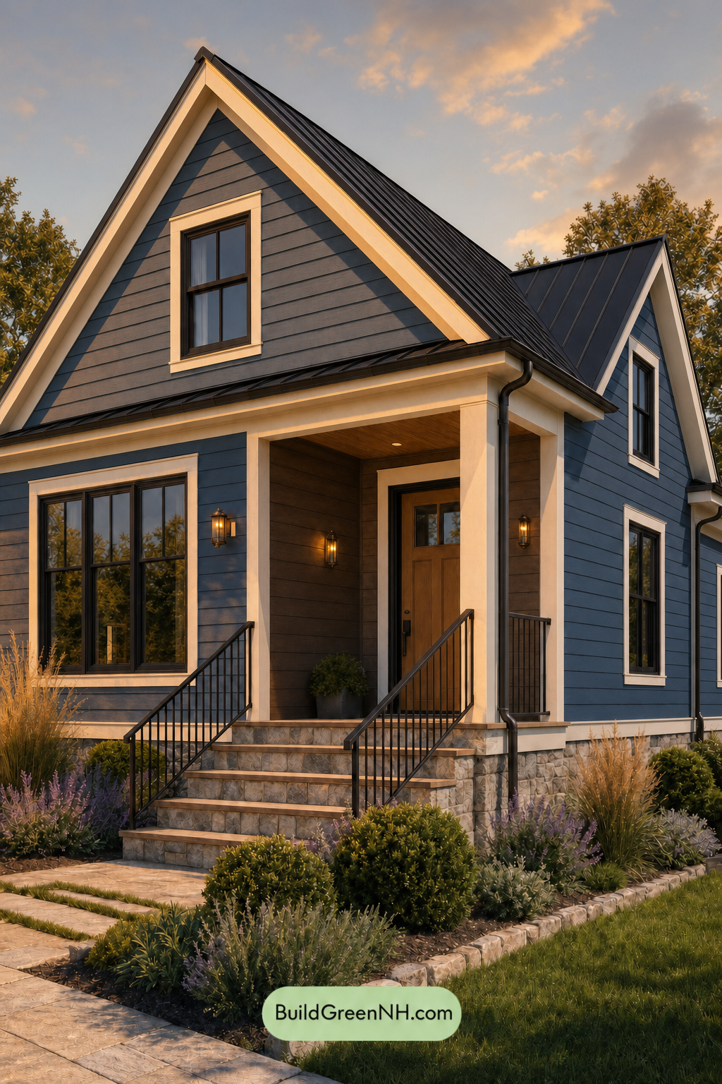 House with Black Roof Exterior Color Scheme: Cerulean Ochre Poise - Golden Hour