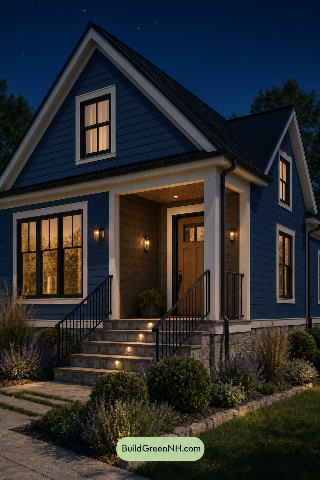 House with Black Roof Exterior Color Scheme: Cerulean Ochre Poise - Nighttime