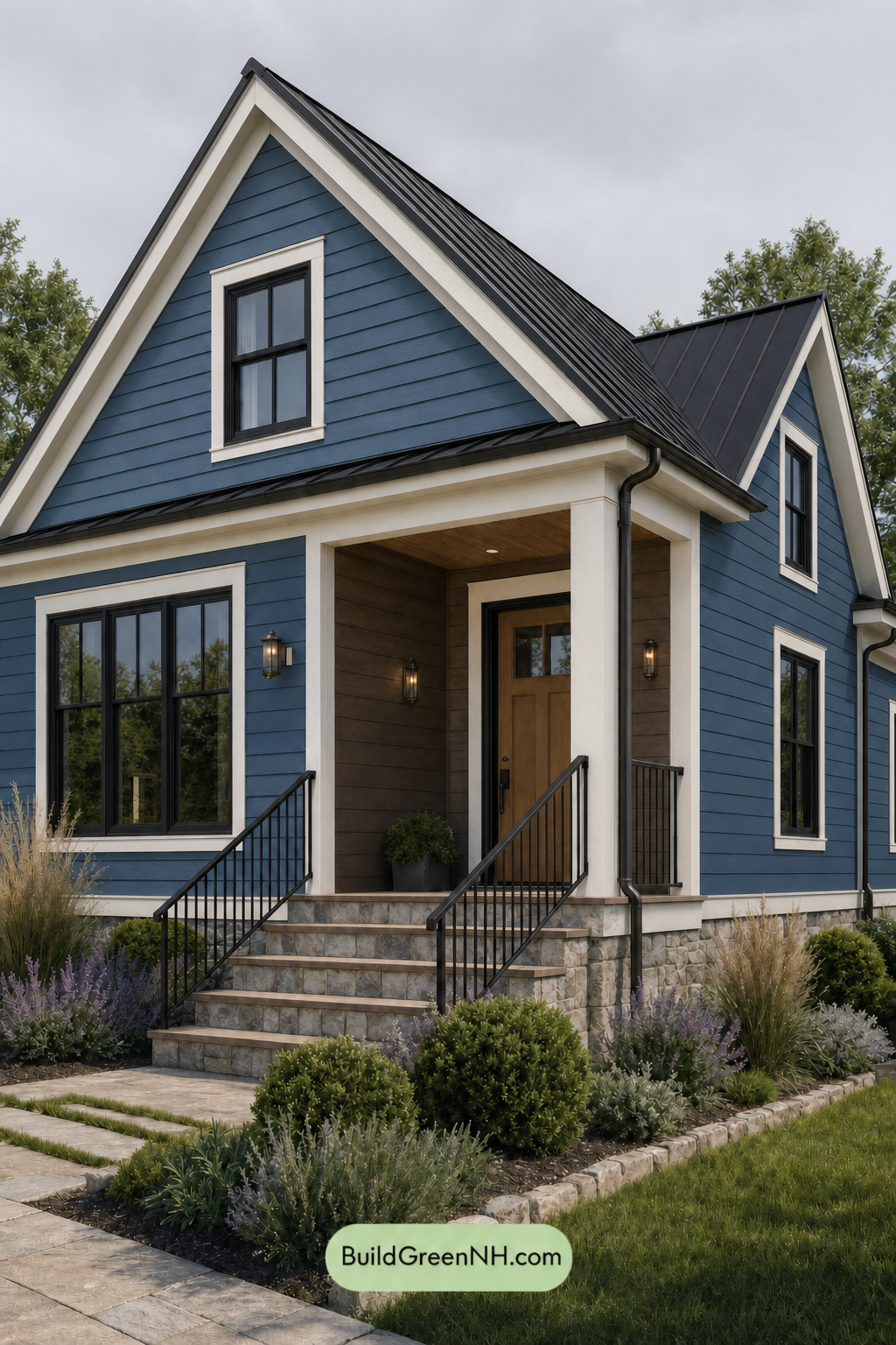 House with Black Roof Exterior Color Scheme: Cerulean Ochre Poise - Overcast