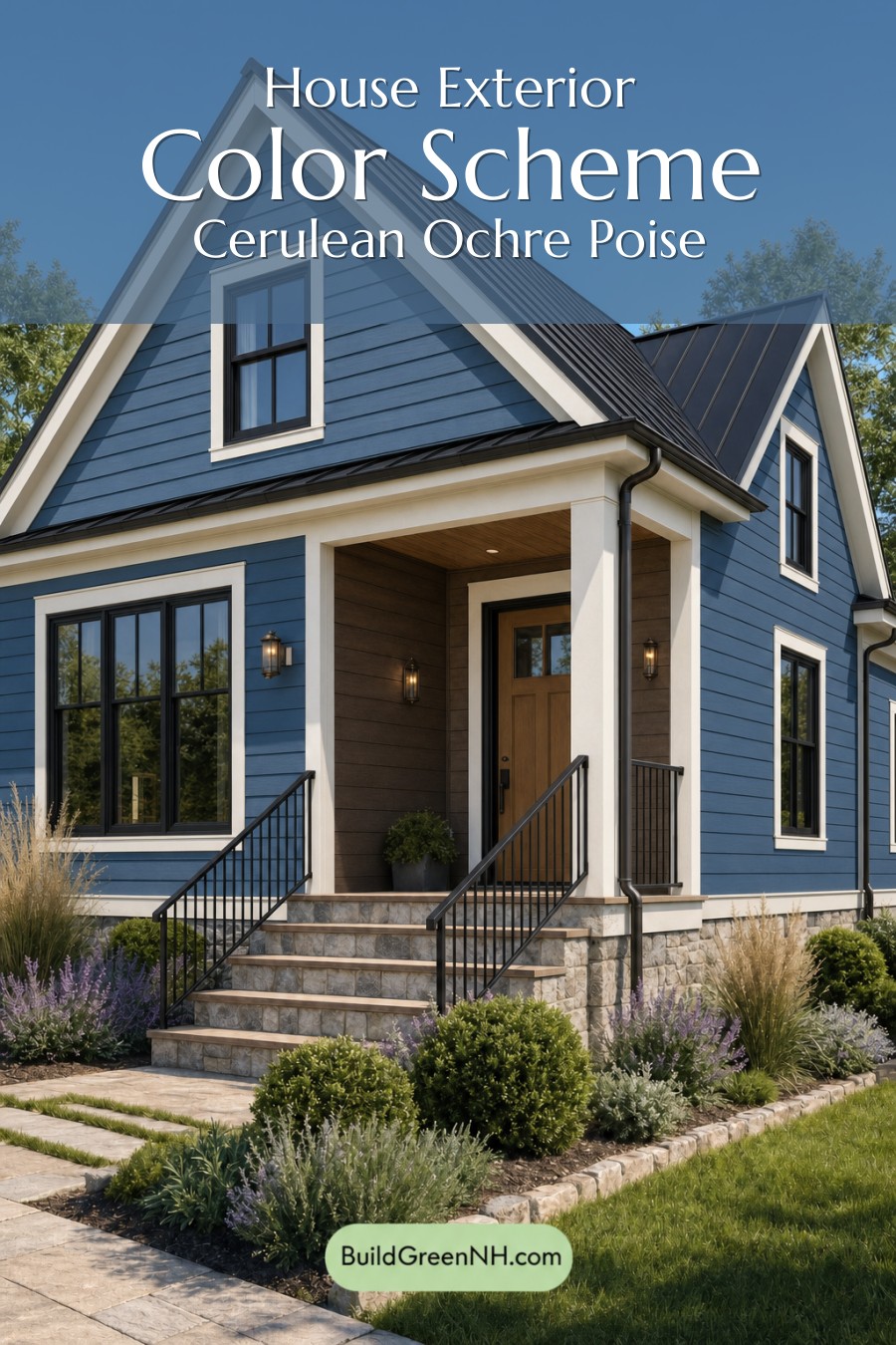 House with Black Roof Exterior Color Scheme: Cerulean Ochre Poise