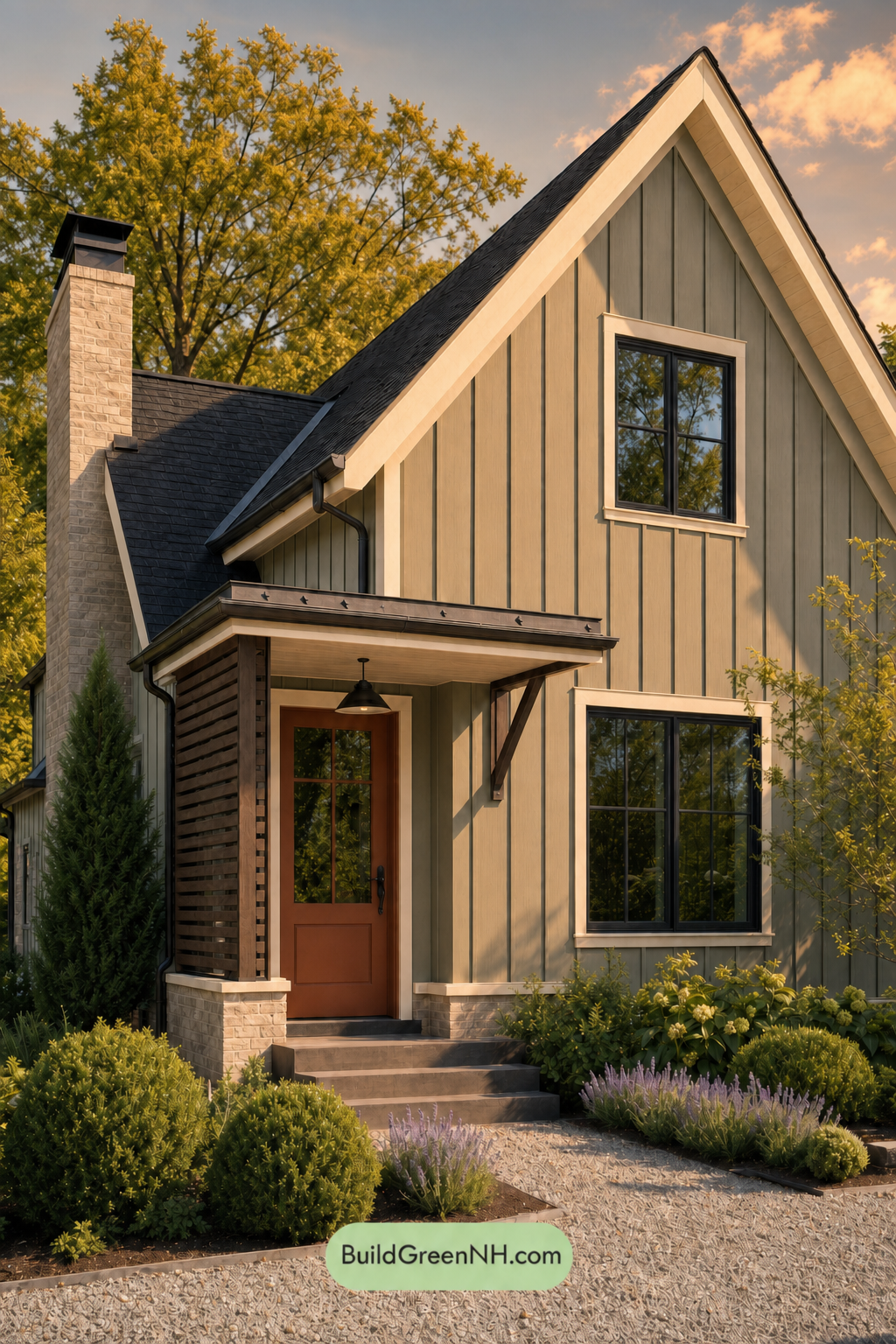 House with Black Roof Exterior Color Scheme: Cloud Copper Quiet - Golden Hour
