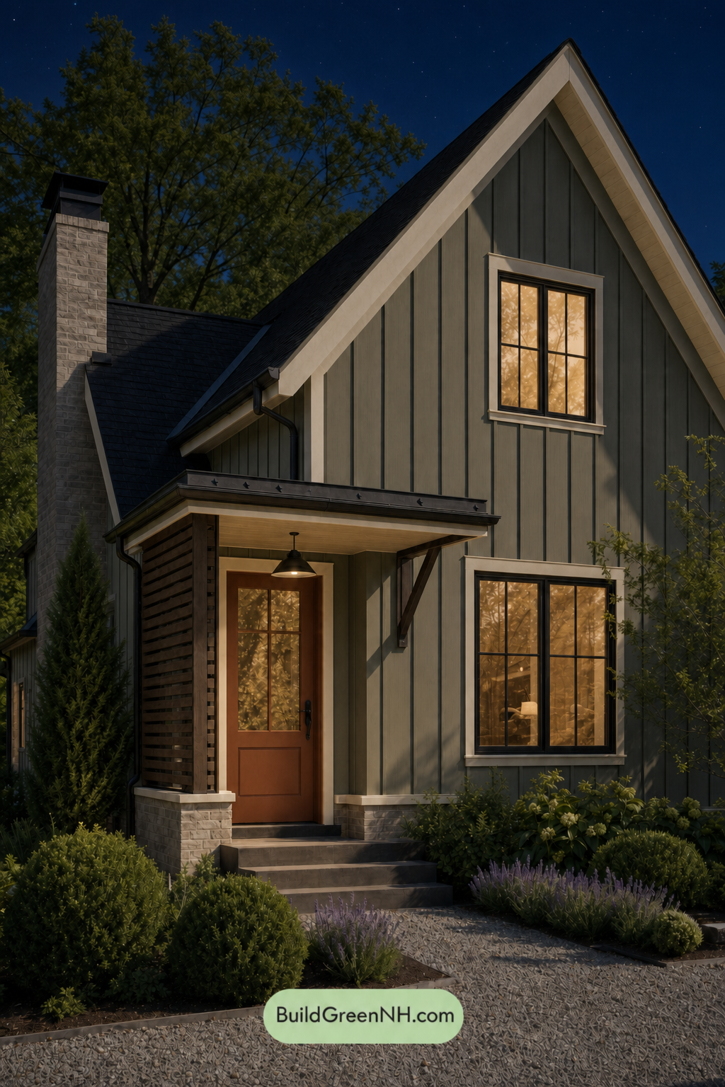 House with Black Roof Exterior Color Scheme: Cloud Copper Quiet - Nighttime