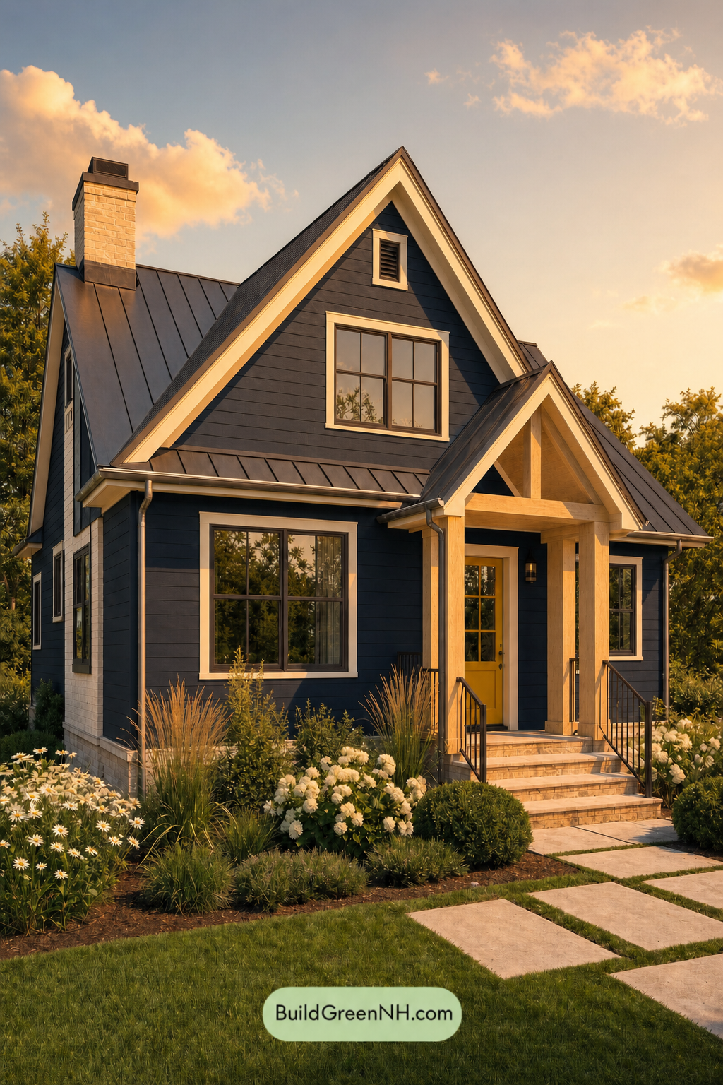 House with Black Roof Exterior Color Scheme: Cobalt Amber Reverie - Golden Hour
