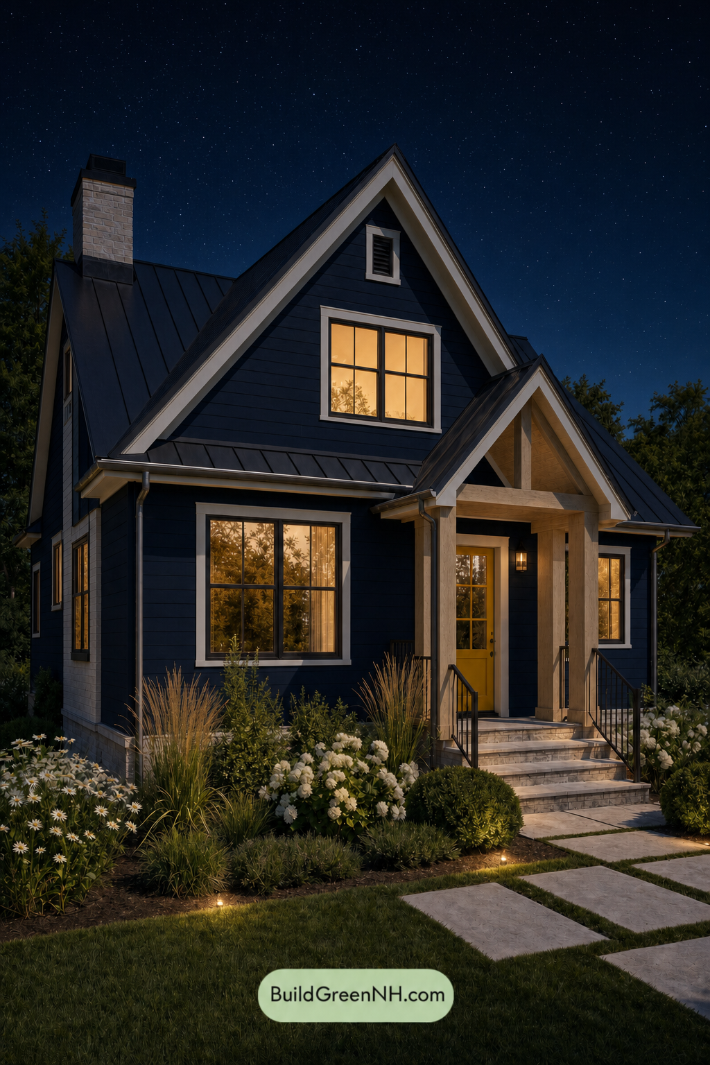 House with Black Roof Exterior Color Scheme: Cobalt Amber Reverie - Nighttime