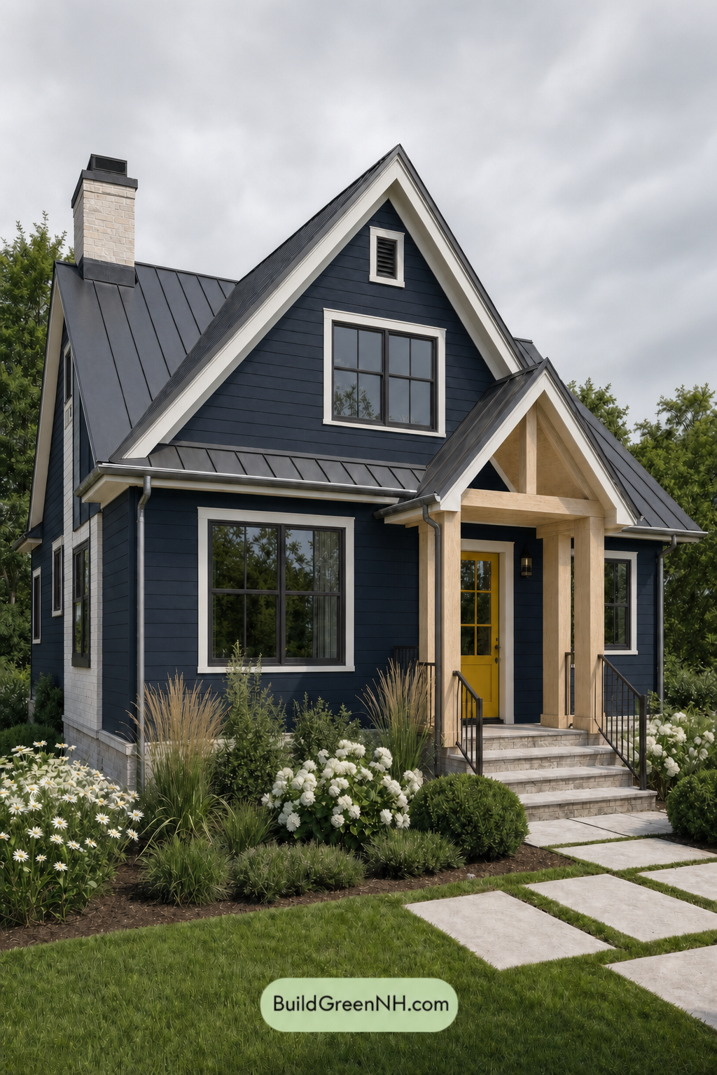 House with Black Roof Exterior Color Scheme: Cobalt Amber Reverie - Overcast