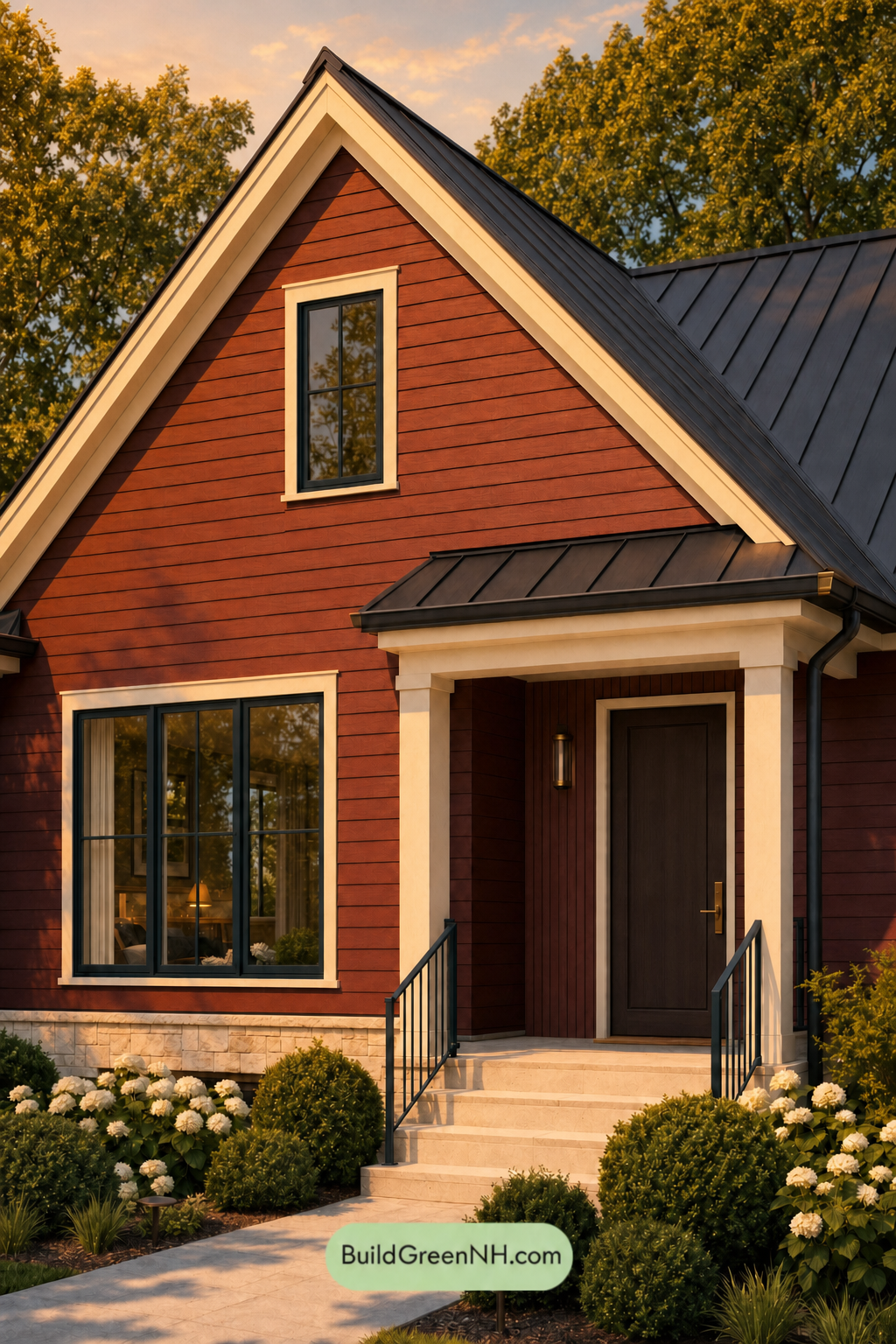 House with Black Roof Exterior Color Scheme: Garnet Ebony Accord - Golden Hour