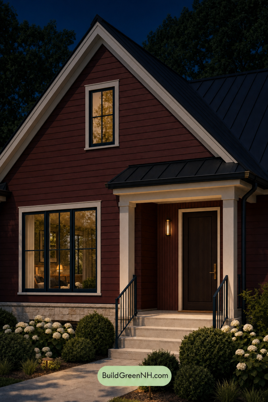 House with Black Roof Exterior Color Scheme: Garnet Ebony Accord - Nighttime