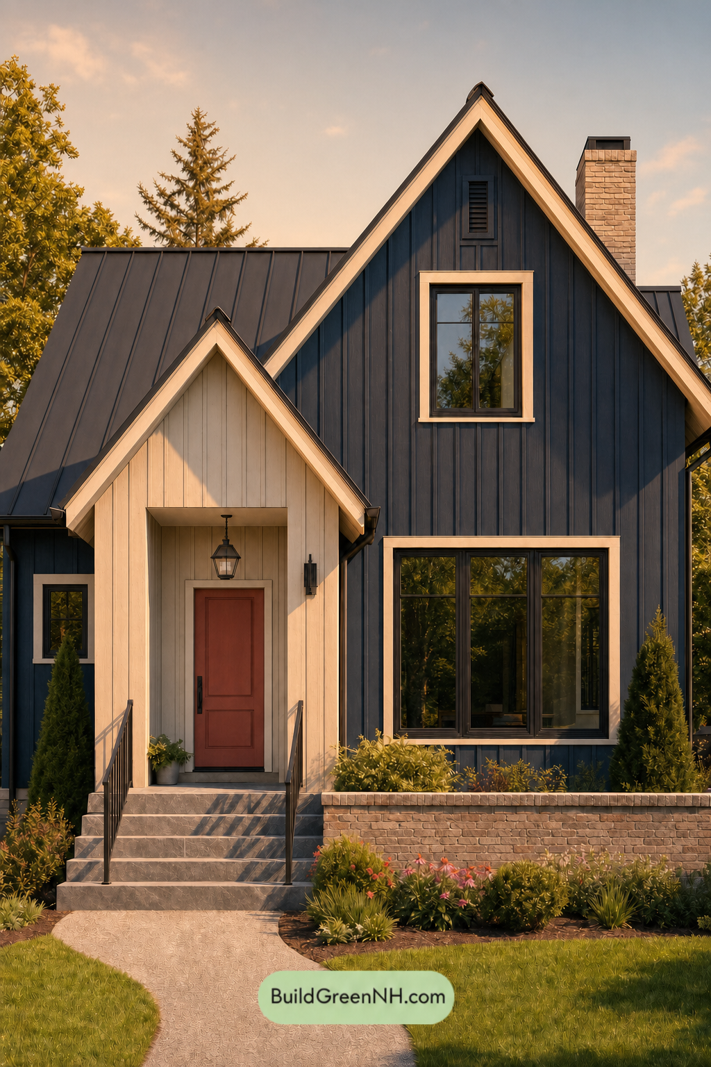 House with Black Roof Exterior Color Scheme: Indigo Coral Stillness - Golden Hour