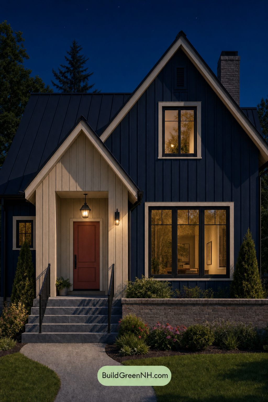 House with Black Roof Exterior Color Scheme: Indigo Coral Stillness - Nighttime