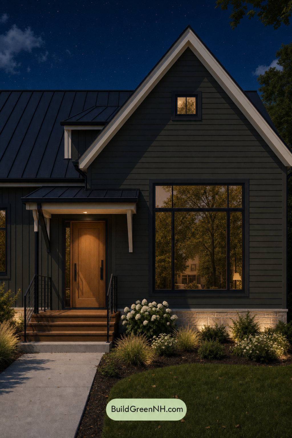 House with Black Roof Exterior Color Scheme: Juniper Halo - Nighttime