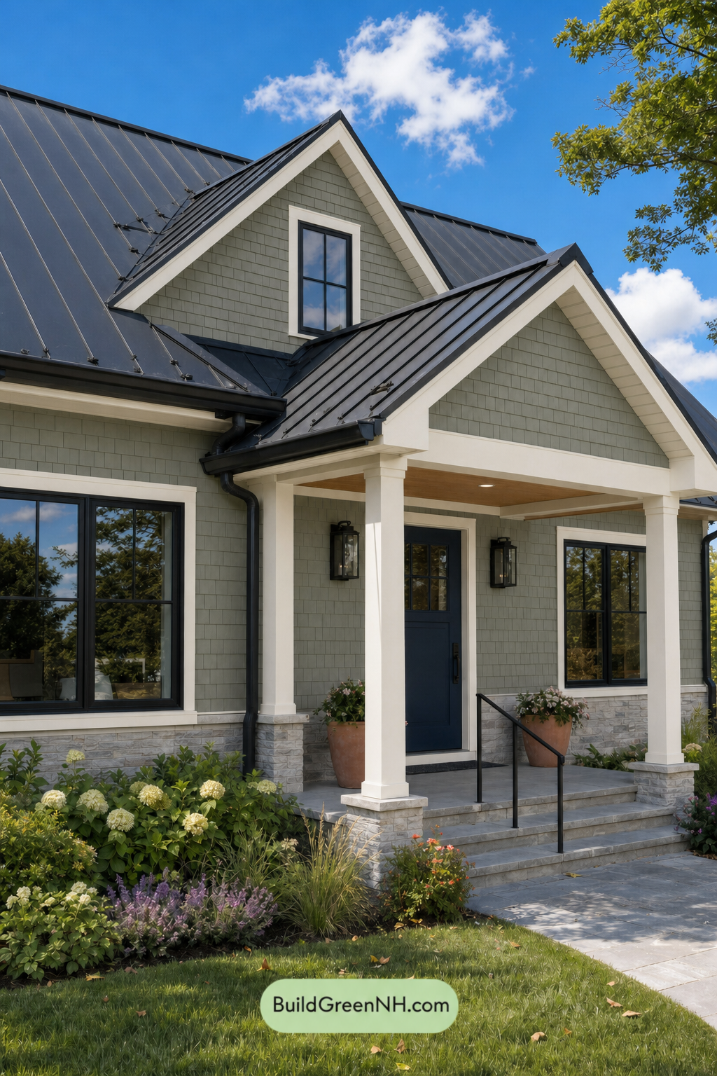 House with Black Roof Exterior Color Scheme: Moss Porcelain Roofline