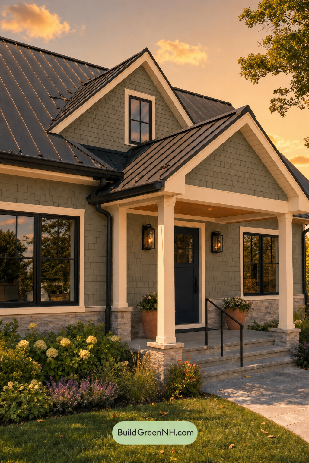 House with Black Roof Exterior Color Scheme: Moss Porcelain Roofline - Golden Hour
