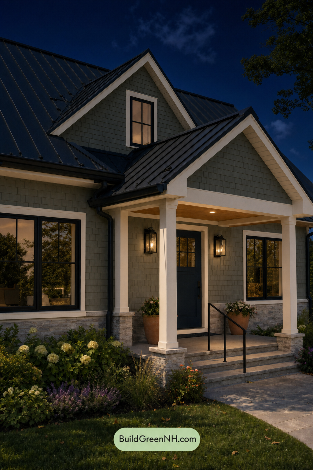 House with Black Roof Exterior Color Scheme: Moss Porcelain Roofline - Nighttime